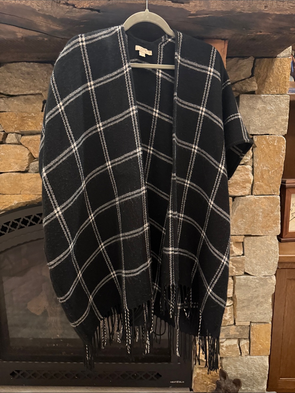 LOFT- Black Plaid Fringe Open Poncho
